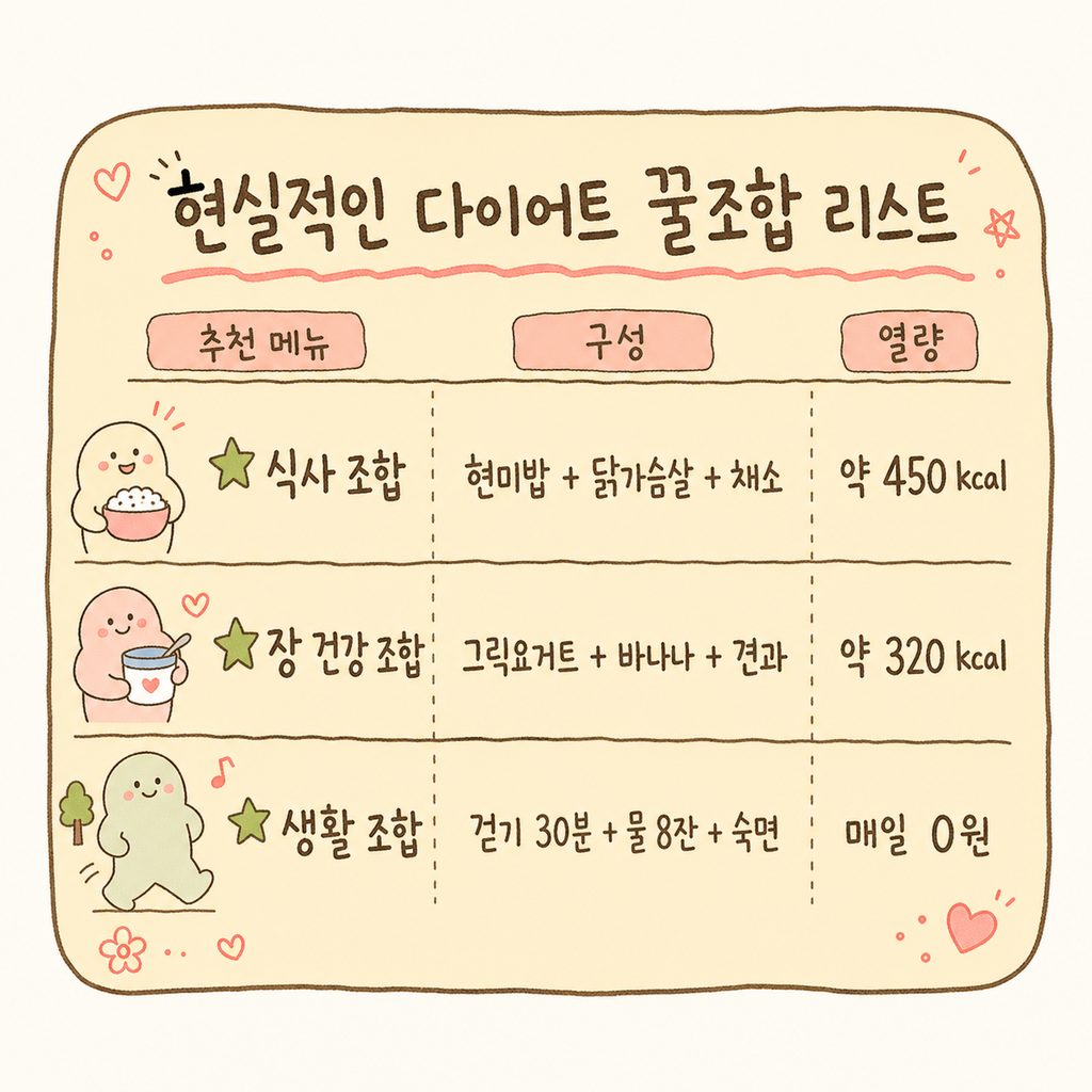 메뉴판 스타일의 디자인에 추천 꿀조합 3가지(식사, 장 건강, 라이프스타일)를 리스트 형태로 정리
