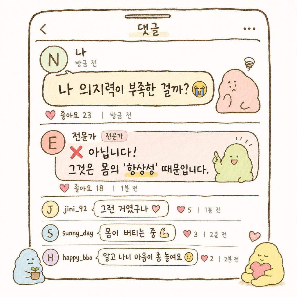 SNS 메시지 창 형태의 디자인. '의지력 부족'이라고 자책하는 말풍선에 대해 전문가가 '생물학적 반응'이라고 답해주는 캡처 화면 구성.