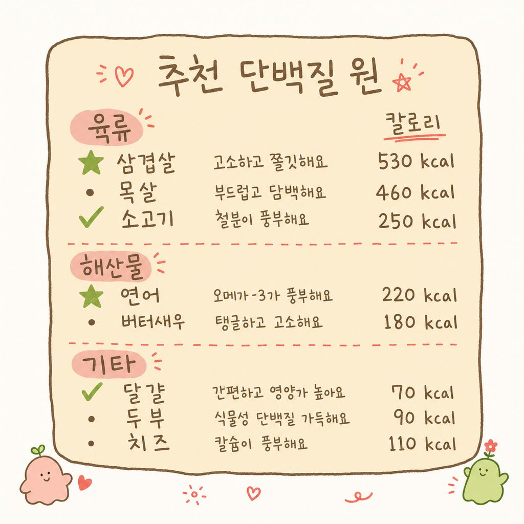 메뉴판 스타일의 디자인으로 추천 단백질 재료를 3가지 카테고리로 나누어 리스트업한 이미지