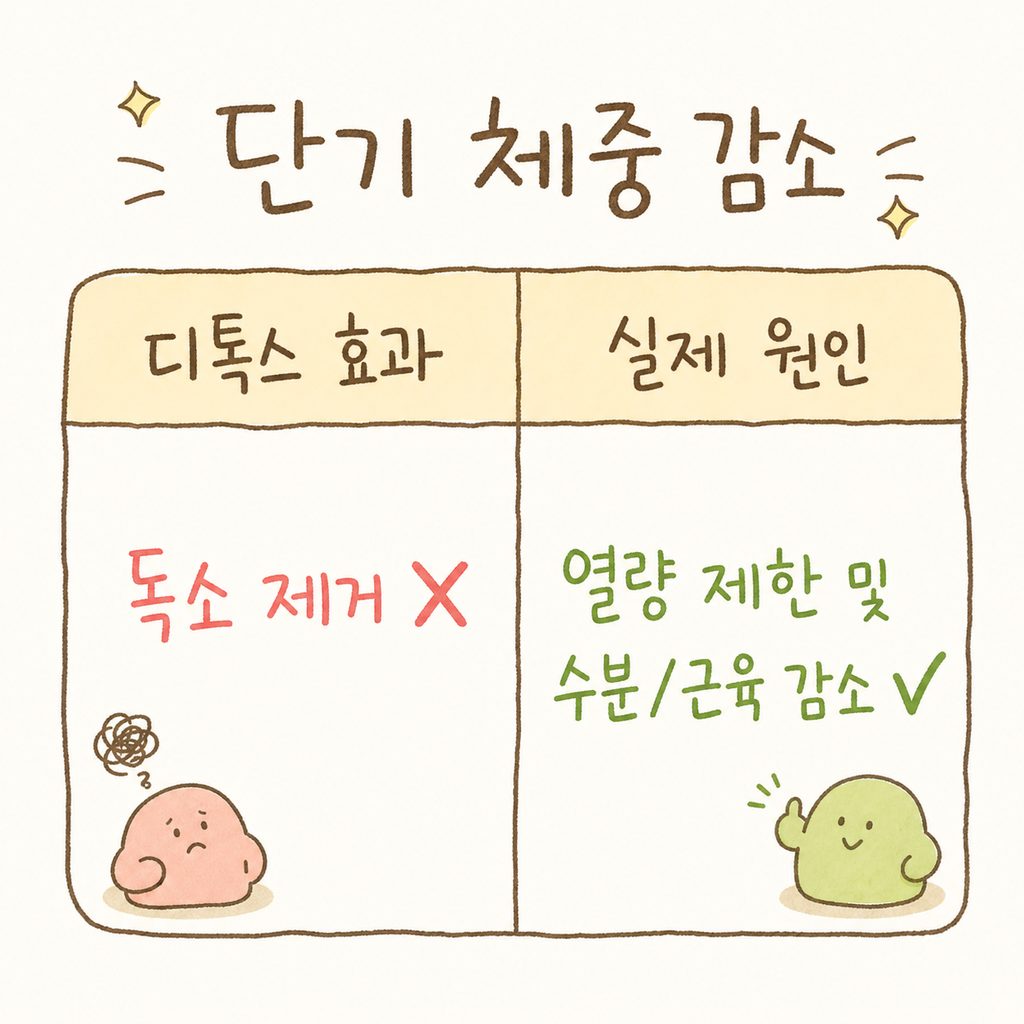 단기 체중 감소의 원인을 비교하는 표. '디톡스 효과' vs '실제 원인' 두 열로 나누어 구성.