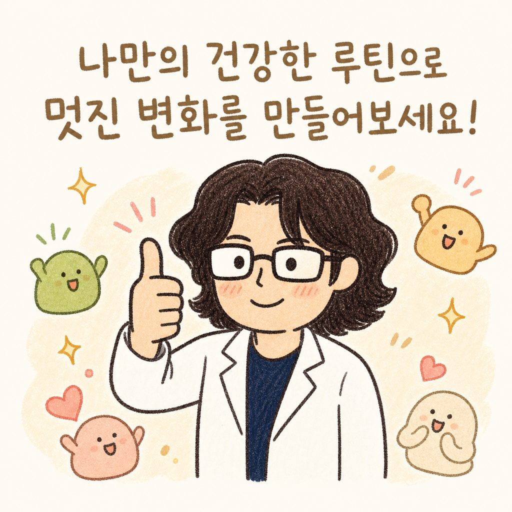의사 캐릭터가 따뜻한 미소를 지으며 엄지손가락을 치켜세우고 있으며, 주변에 반짝이는 효과와 함께 건강한 루틴 형성을 응원하는 마무리 장면.