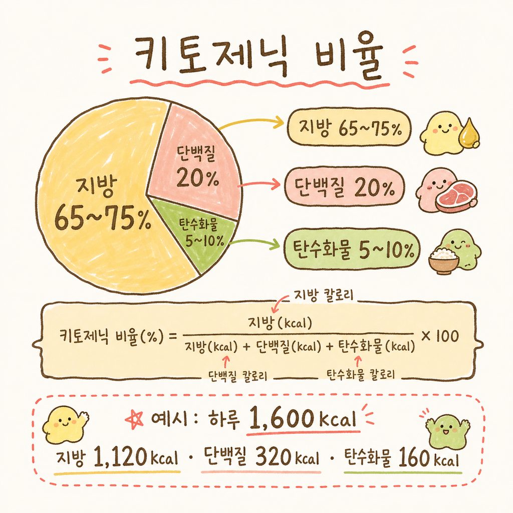 키토제닉 식단의 매크로 영양 비율을 보여주는 원형 그래프와 텍스트 박스. 지방, 단백질, 탄수화물 영역이 명확히 구분되어 있음.
