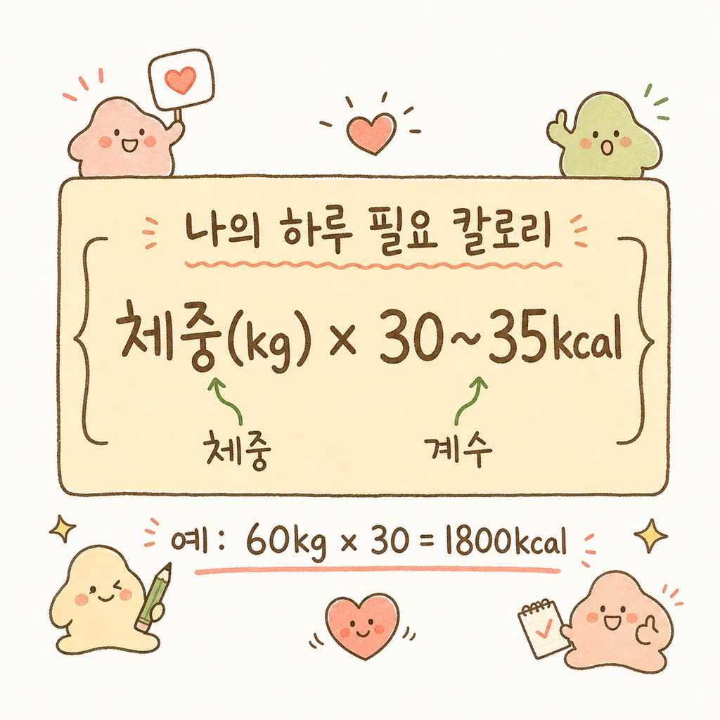 깔끔한 계산 박스 디자인 안에 체중(kg)과 칼로리 수치가 곱해지는 수식이 강조된 그래픽