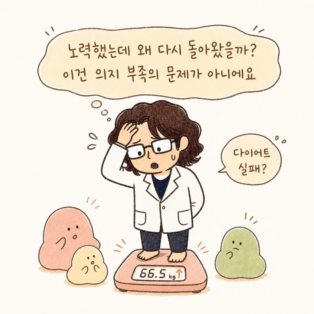 캐릭터가 체중계 위에 올라가 늘어난 숫자를 보고 허탈한 표정으 로 이마를 짚고 있는 모습. 배경에 '다이어트 실패?'라는 작은 말풍선