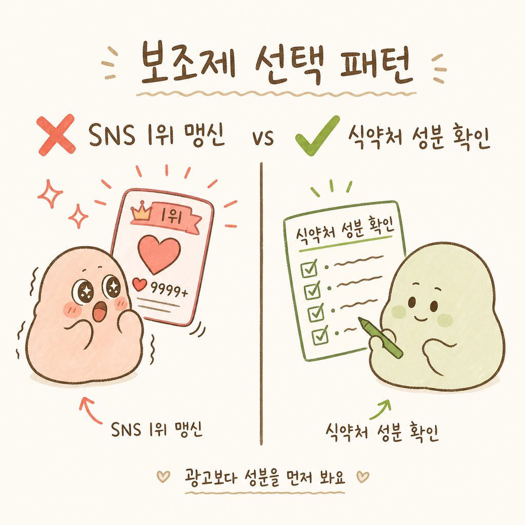 화면을 반으로 나누어 왼쪽에는 SNS 광고에 현혹된 위험한 선택(❌), 오른쪽에는 성분을 분석하는 현명한 선택(✅)을 대비