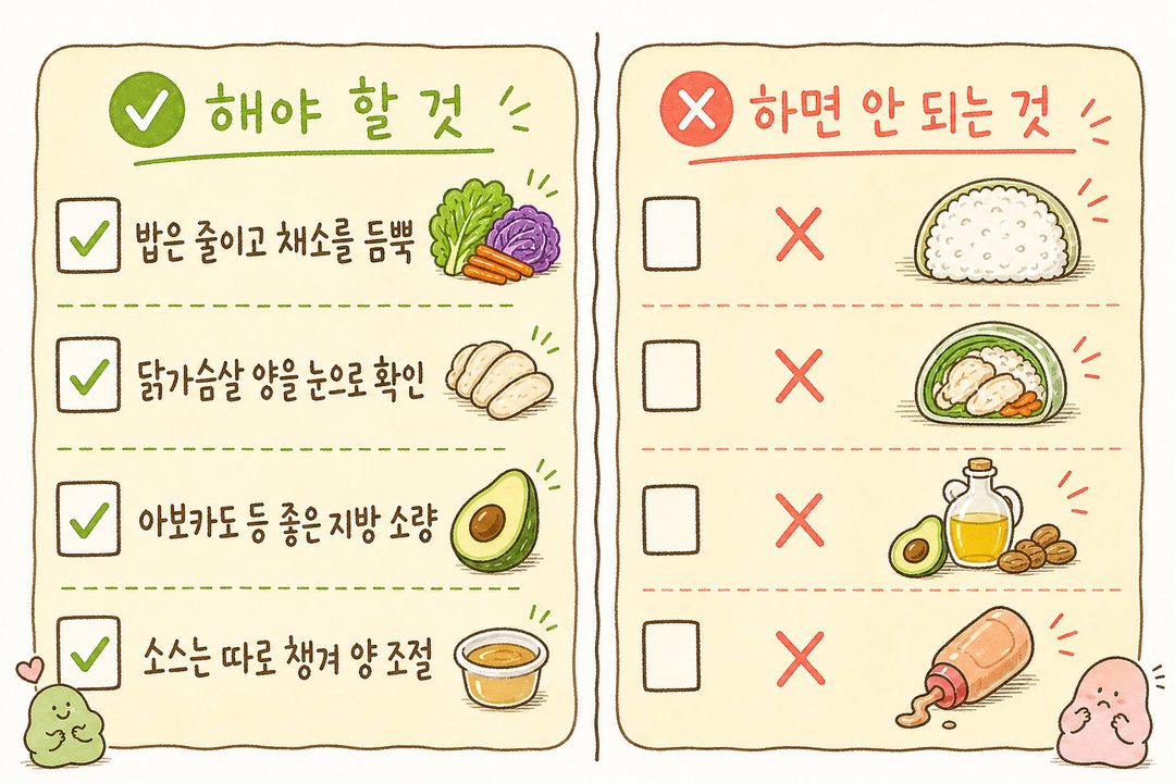 닭가슴살 월남쌈 김밥을 현명하게 고르고 만들기 위한 4가지 체크항목을 전단지 스타일의 체크리스트로 구성. 초록색 체크(✅ 해야 할 것)로 통일하여 실행 가능한 팁을 명확하게 강조.