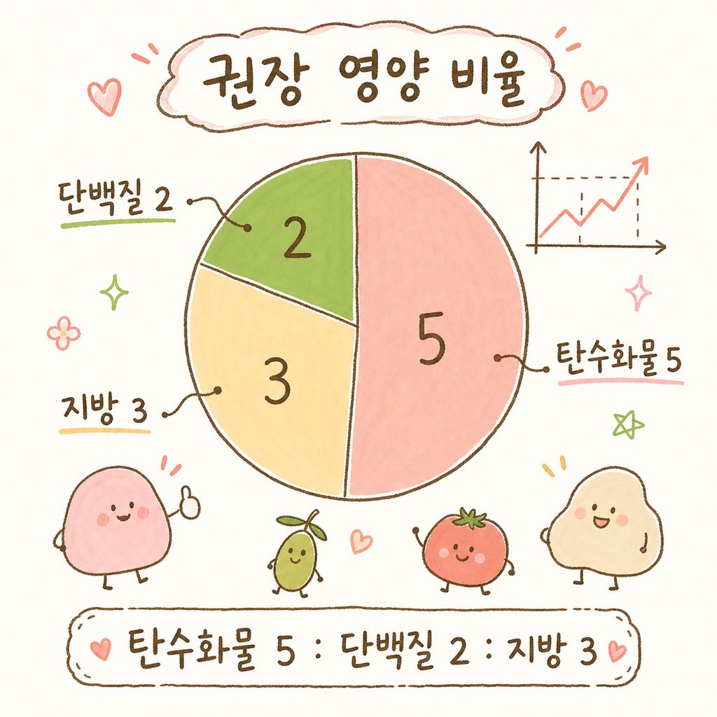 지중해식단 권장 영양 비율을 나타내는 깔끔한 원형 그래프 (탄수화물, 단백질, 지방 비율 표시)