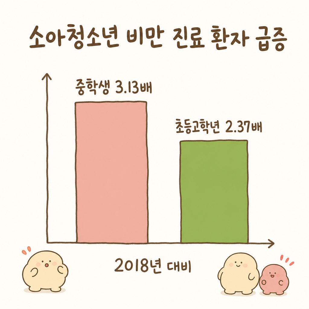 초등학생과 중학생의 비만 진료 환자 증가율을 보여주는 단순한 막대 그래프. 2018년 대비 증가폭을 시각화