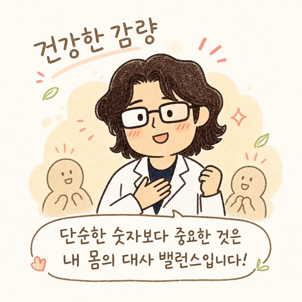 캐릭터가 전문가(한의사)의 조언을 듣고 안심하며 미소 짓는 모습. 배경에는 '건강한 감량'이라는 글자가 떠 있음
