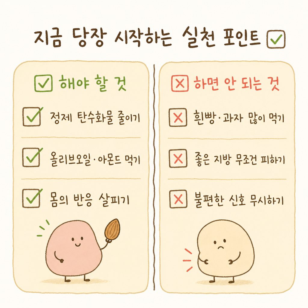 체크리스트 형태로 실천 포인트 정리. 정제 탄수화물 줄이기, 올리브오일/아몬드 섭취, 몸의 반응 살피기 3가지 체크