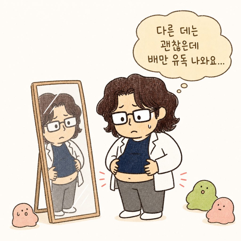 A male character standing in front of a mirror, holding his protruding belly with both hands and looking at it with a worried expression