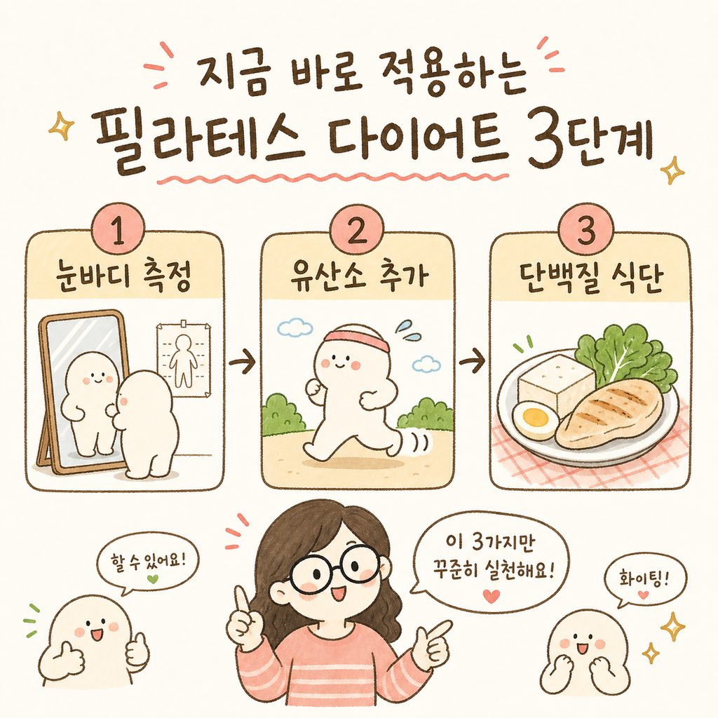의사 캐릭터가 손가락으로 하나씩 짚어주며 3단계 실천법을 안내 하는 시퀀스. 1. 눈바디 측정, 2. 유산소 추가, 3. 단백질 식단 순으로 작은 그림 과 함께 배치.