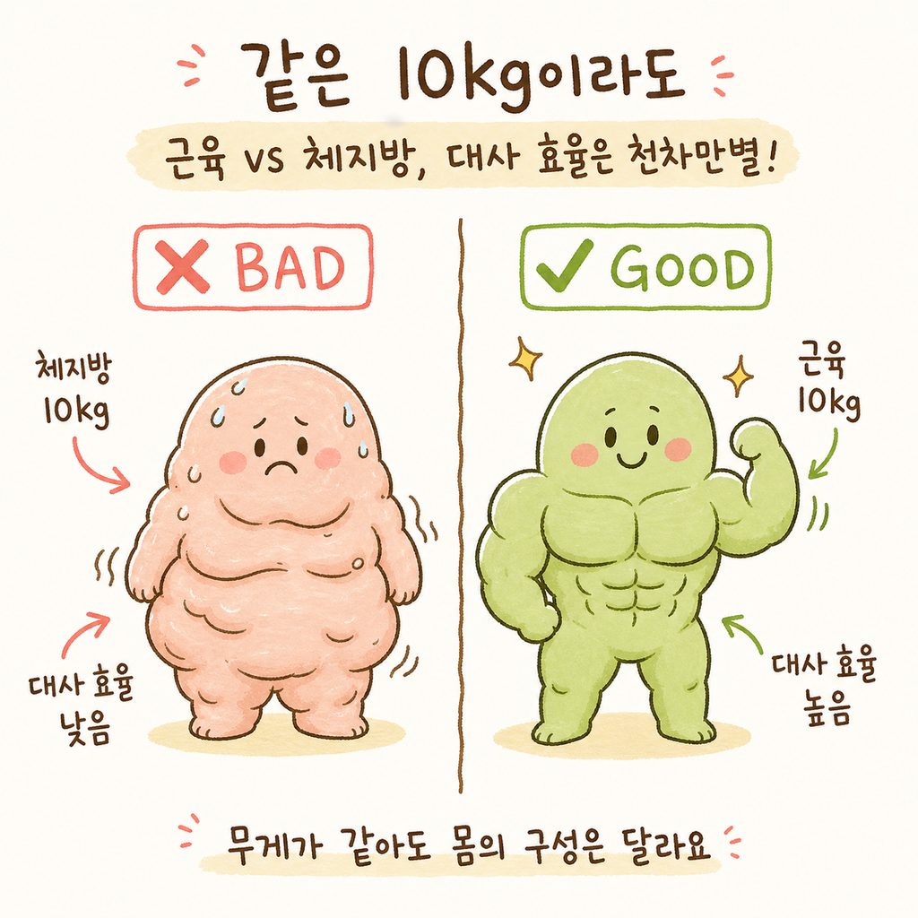 똑같은 10kg 증량이지만 체지방으로 찐 모습(슬라임 같은 지방 덩어리)과 근육으로 찐 모습(탄탄한 근육질)의 대비