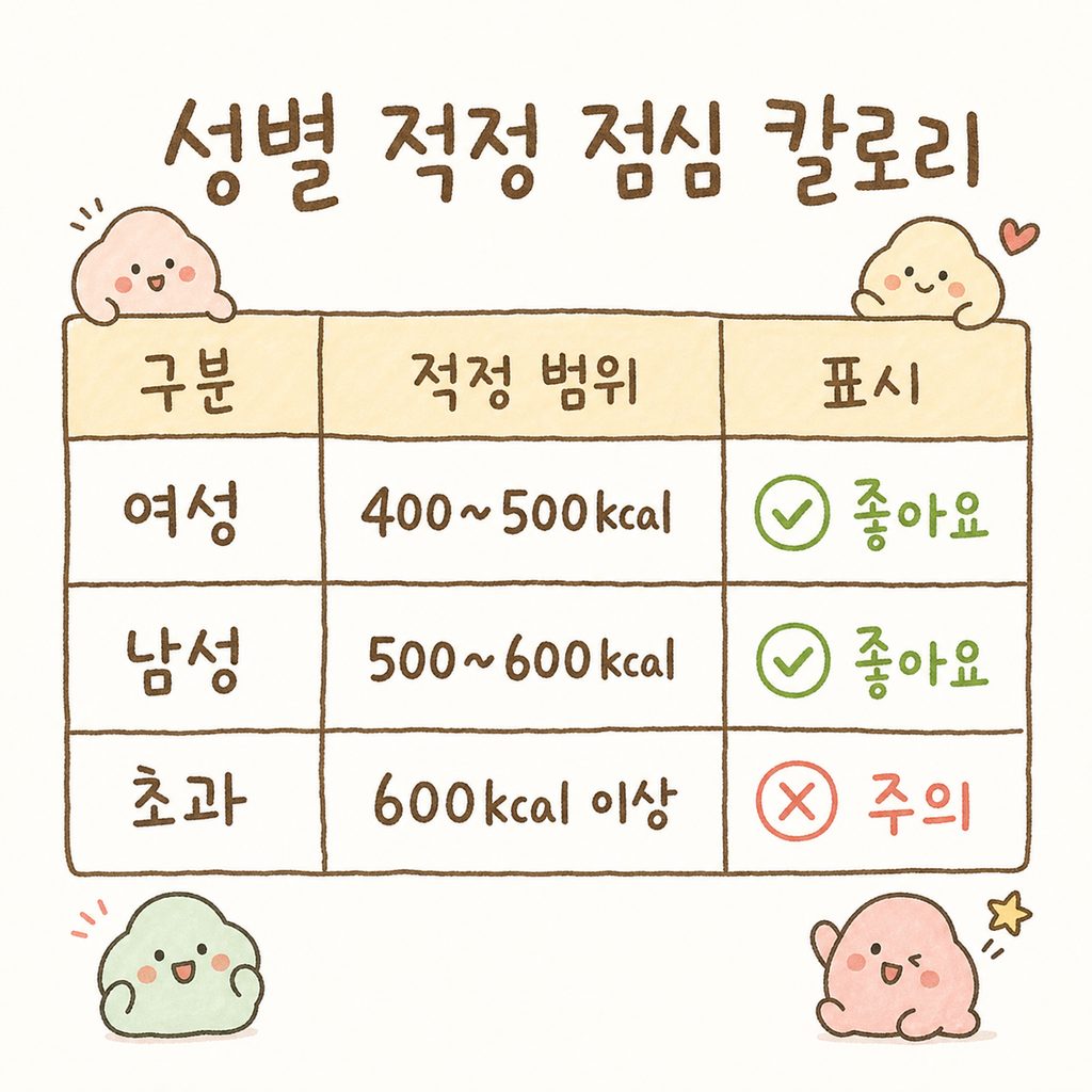 심플한 비교 표 형태로 여성과 남성의 적정 점심 칼로리 범위를 명확하게 보여주는 디자인