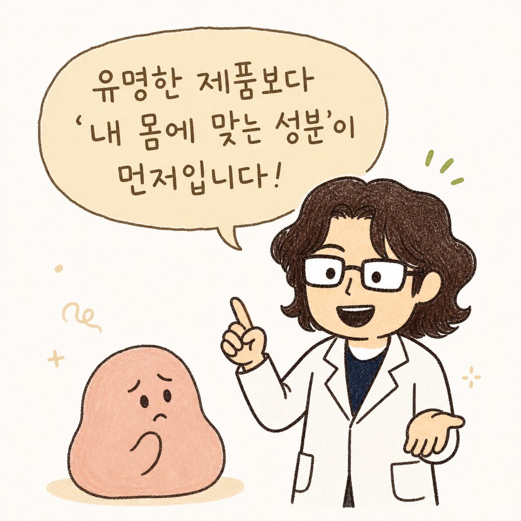 가운을 입은 신뢰감 있는 의사 캐릭터가 진료실에서 고민하는 환자를 다정하게 맞이하며 설명하는 모습
