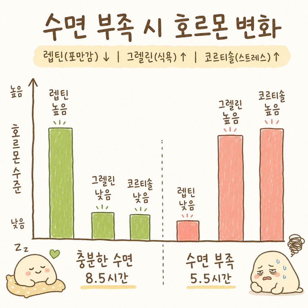 충분한 수면(8.5시간) vs 수면 부족(5.5시간) 상태를 비교하는 막대 그래프. 왼쪽은 정상 호르몬 상태(렙틴 높음, 그렐린 낮음, 코르티솔 낮음), 오른쪽은 교란 상태(렙틴