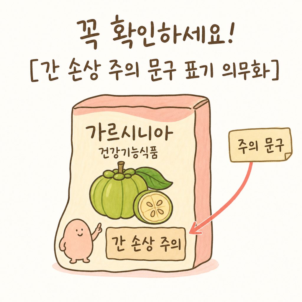 가르시니아 보조제 패키지 이미지에 화살표를 그려 '간 손상 주의' 문구가 적힌 부분을 강조하는 라벨 컷