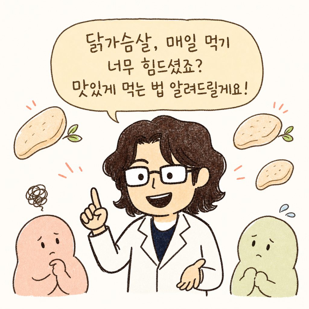 의사 가운을 입은 캐릭터가 인자한 미소를 지으며 환자의 고민을 들어주는 모습. 배경에 닭가슴살 아이콘이 떠 있음