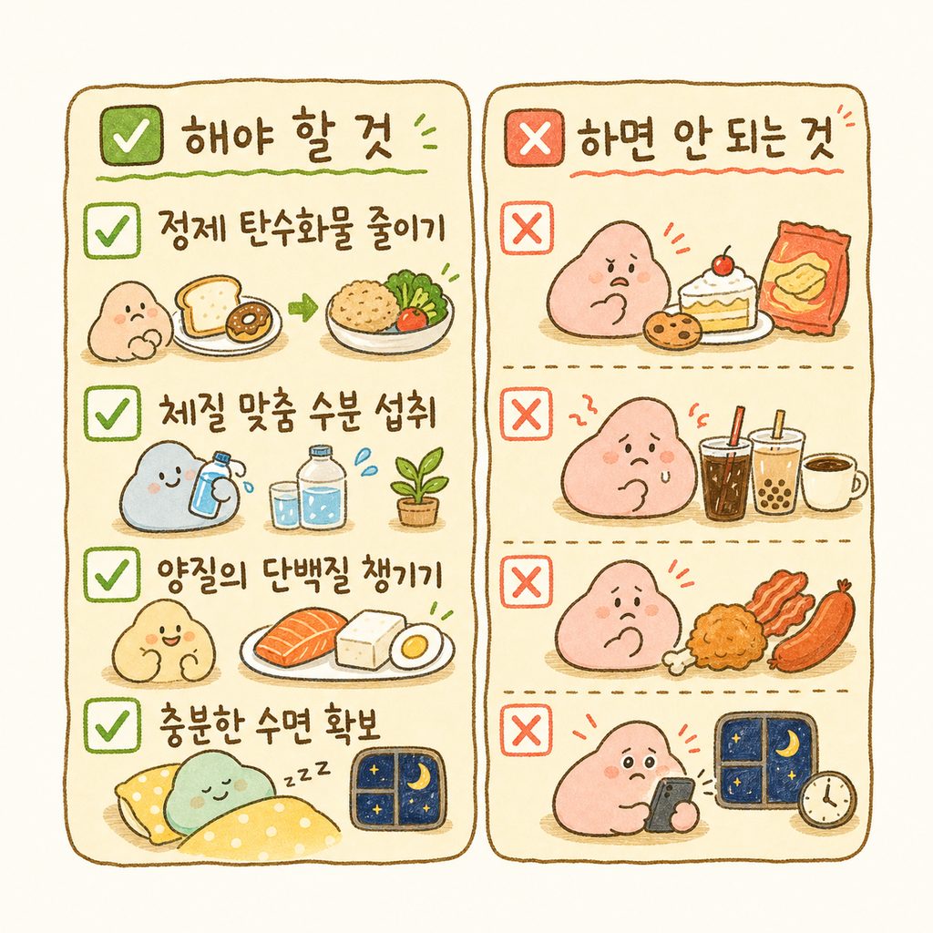건강한 관리를 위해 실천해야 할 4가지 핵심 체크리스트가 깔끔한 박스 형태로 나열된 디자인