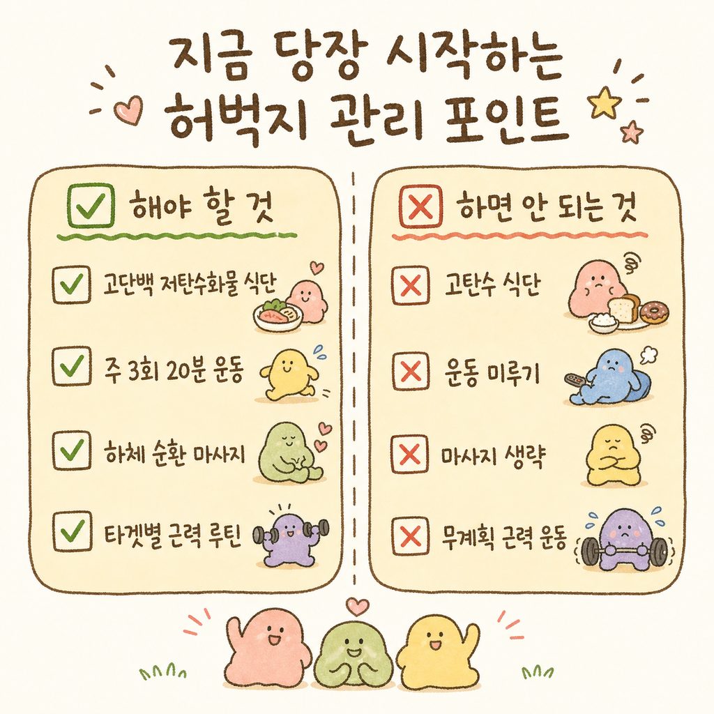 체크리스트 형태의 레이아웃. ✅고단백 저탄수화물 식단, ✅주 3회 20분 운동, ✅하체 순환 마사지, ✅타겟별 근력 루틴 4가지 항목을 깔끔하게 배치.