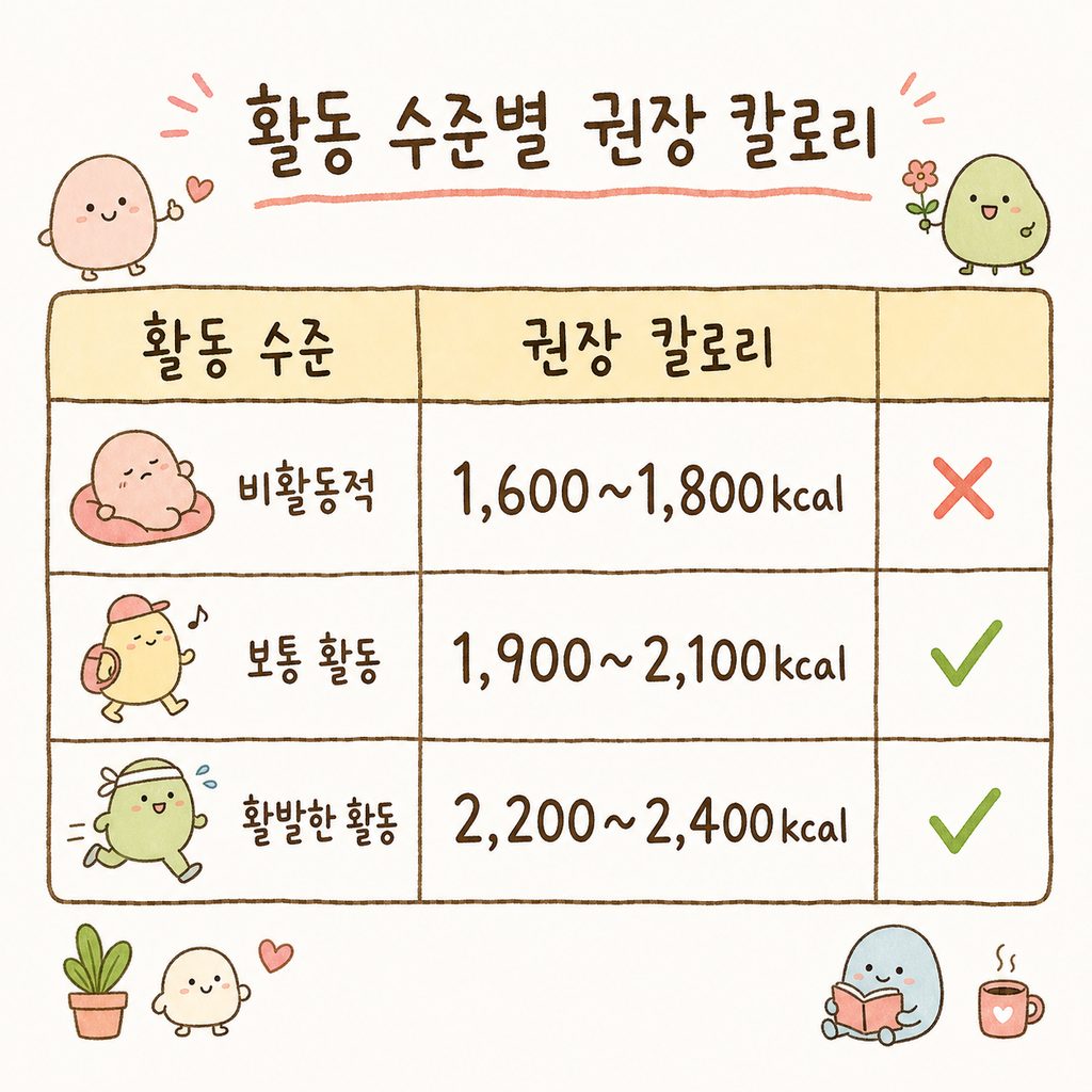 활동 수준에 따른 3가지 칼로리 구간을 깔끔한 표 형태로 정리. 비활동적, 보통, 활발함 세 단계의 대비가 명확한 레이아웃