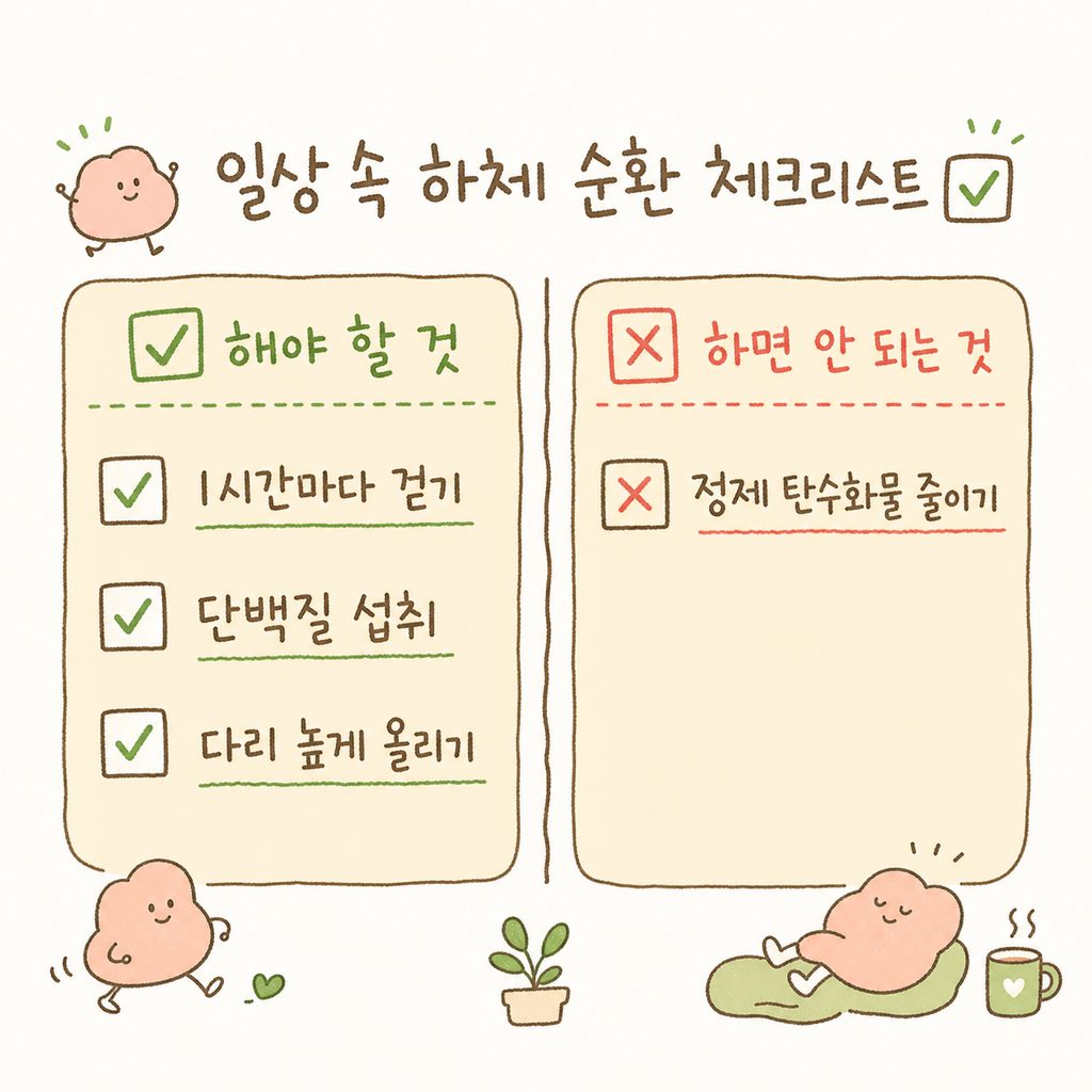 체크박스 형태로 구성된 리스트에 '1시간마다 걷기', '단백질 섭 취', '다리 높게 올리기', '정제 탄수화물 줄이기' 항목이 나열된 컷