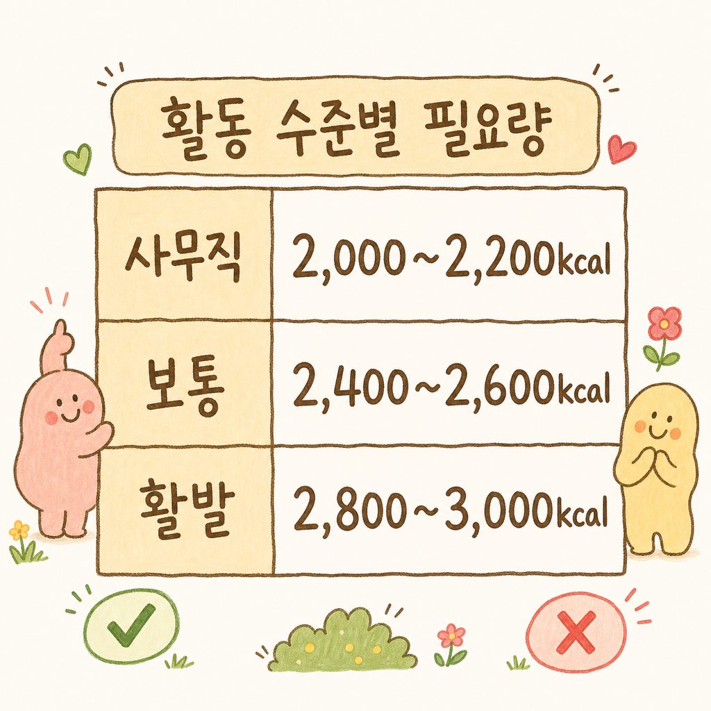 활동 수준에 따른 하루 필요 칼로리를 비교한 깔끔한 표. 사무직, 보통 활동, 활발한 활동 세 가지 행으로 구분