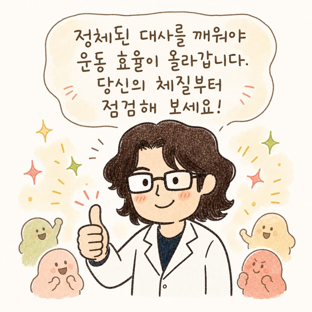 의사 캐릭터가 자신감 있게 엄지손가락을 치켜세우며 미소 짓는 모습. 배경에는 '대사 활성화'를 상징하는 반짝이는 에너지 아이콘들이 주변을 감싸고 있음.