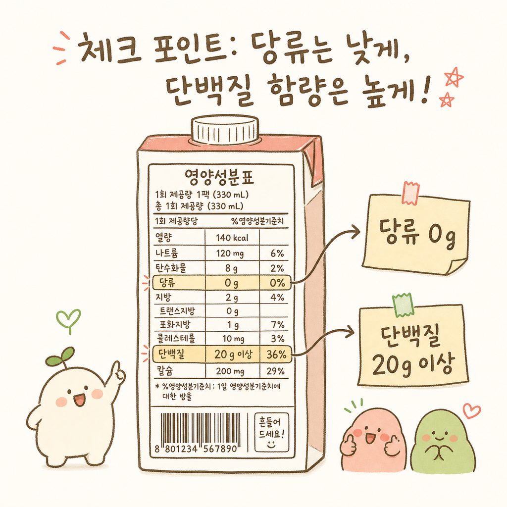 편의점 단백질 음료 팩의 뒷면 영양성분표 사진 위에 화살표와 라벨로 '당류 0g', '단백질 20g 이상' 부분을 강조하여 표시