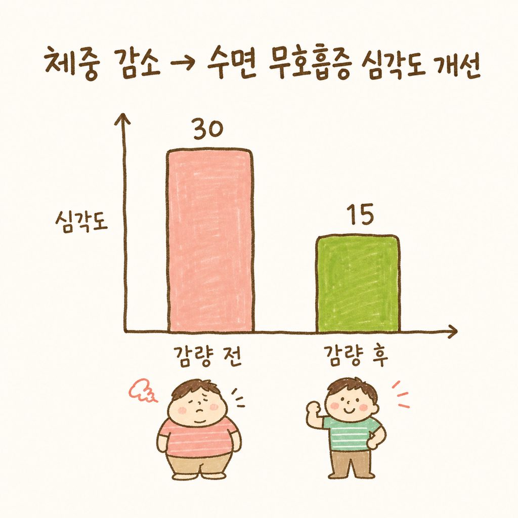 비만(BMI 25 이상)과 수면 무호흡증의 상관관계를 나타내는 단순한 막대 그래프. 체중 감소 후 수면 무호흡증 심각도가 낮아지는 추세 표현