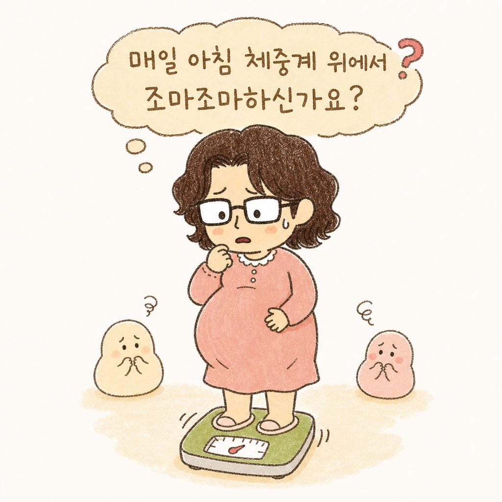 걱정스러운 표정으로 체중계 위에 올라가 있는 임산부 캐릭터. 머리 위에는 물음표와 함께 체중 수치를 고민하는 말풍선이 떠 있음