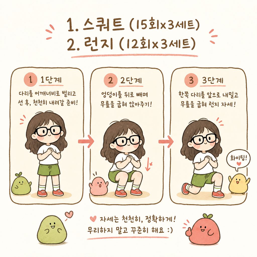 캐릭터가 1단계로 정확한 자세의 스쿼트를 하고, 2단계로 런지 동작을 수행하는 모습을 순서대로 배치한 시퀀스 컷