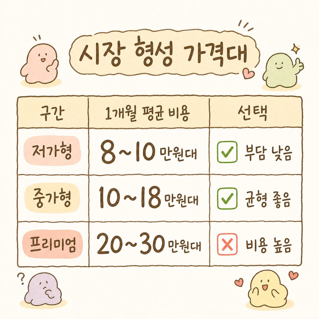 3가지 가격 구간(저가/중가/프리미엄)을 깔끔한 비교표 형태로 시각화한 이미지. 각 구간별 1개월 평균 비용이 명시됨.