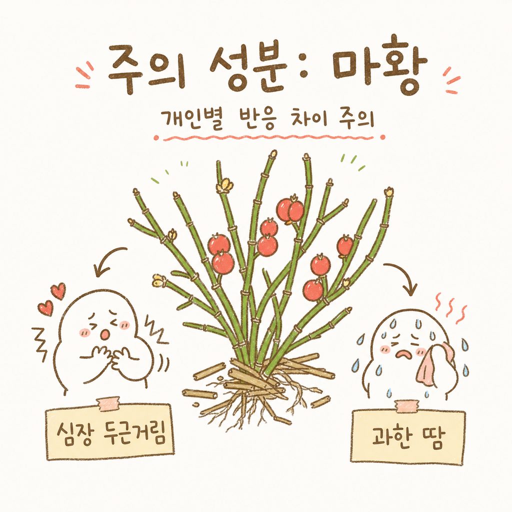 마황이라는 약재 일러스트와 함께 주의해야 할 부작용 증상을 화살표와 라벨로 표시 (심장 두근거림, 과한 땀)