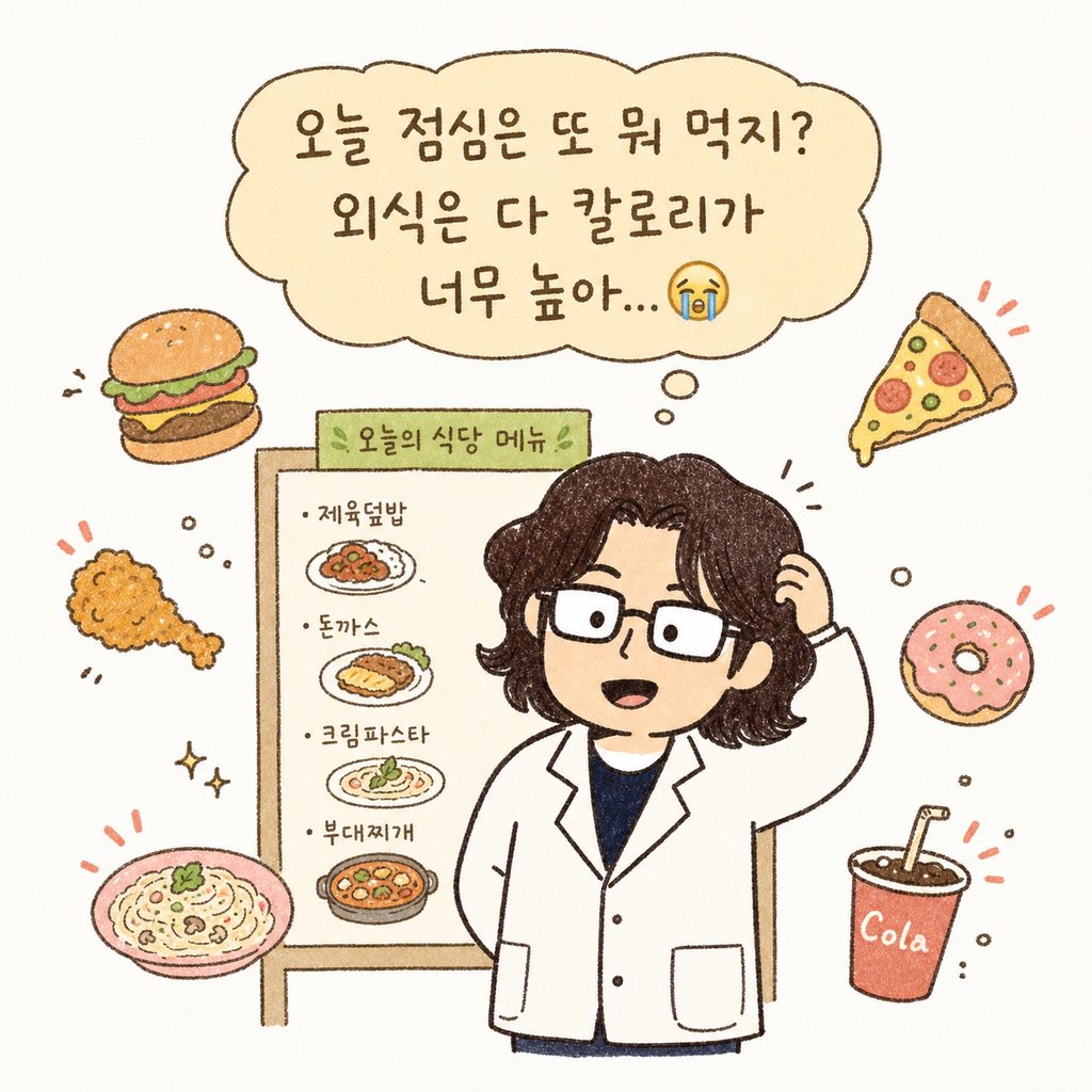 귀여운 캐릭터가 회사 식당 메뉴판 앞에서 고민하며 머리를 긁적 이고 있는 모습. 주변에는 고칼로리 음식 이미지들이 떠다님