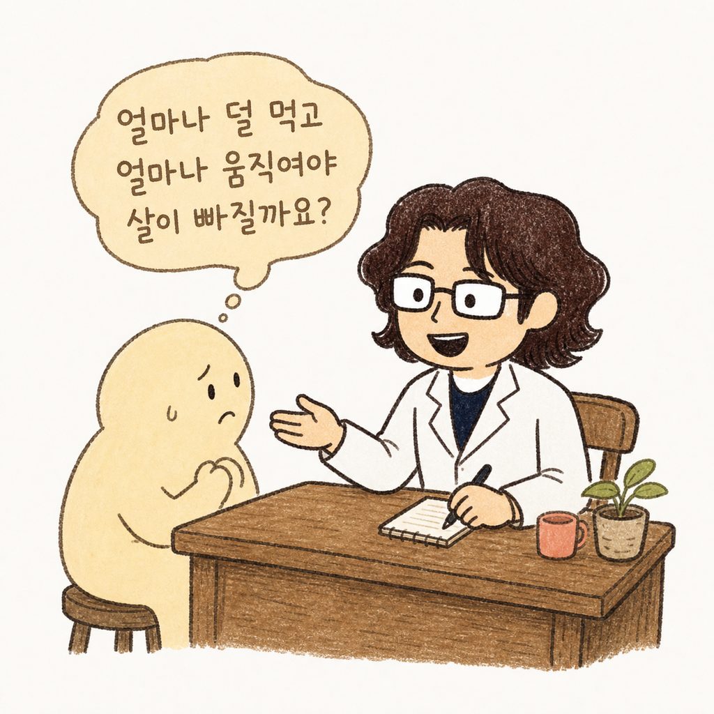 친절한 인상의 한의사 캐릭터가 진료실 책상 앞에 앉아 고민이 많은 환자를 따뜻하게 맞이하며 이야기를 듣기 시작하는 도입 장면