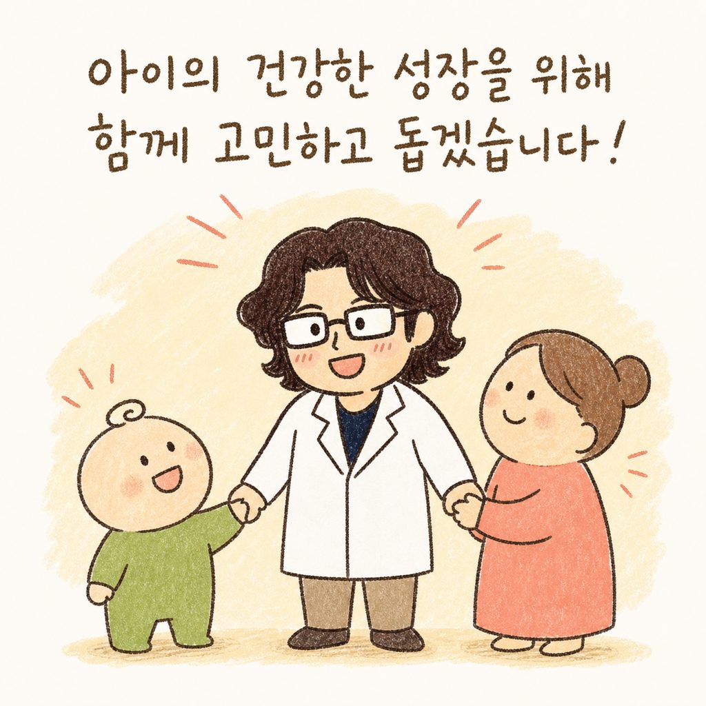 한의사 캐릭터가 아이와 부모님의 손을 잡거나 격려하며 밝게 웃고 있는 훈훈한 마무리 모습