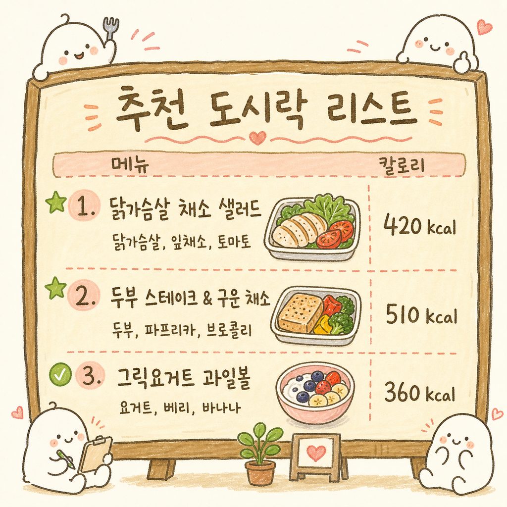 카페 메뉴판 스타일의 레이아웃에 세 가지 추천 도시락 메뉴와 핵심 재료가 아이콘과 함께 나열된 모습
