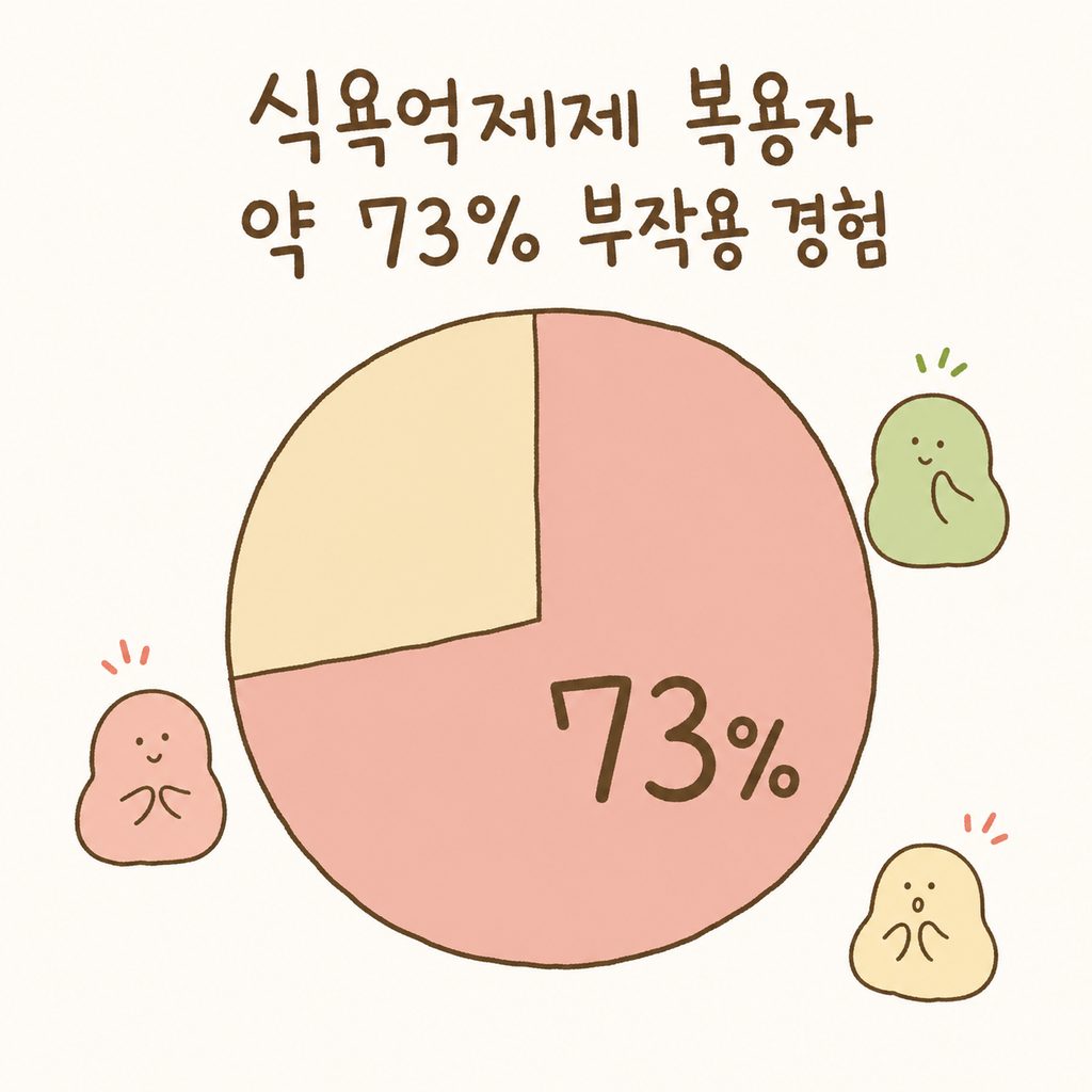 식욕억제제 복용자의 부작용 경험률을 보여주는 단순한 원형 그래프. 73% 영역이 강조된 형태