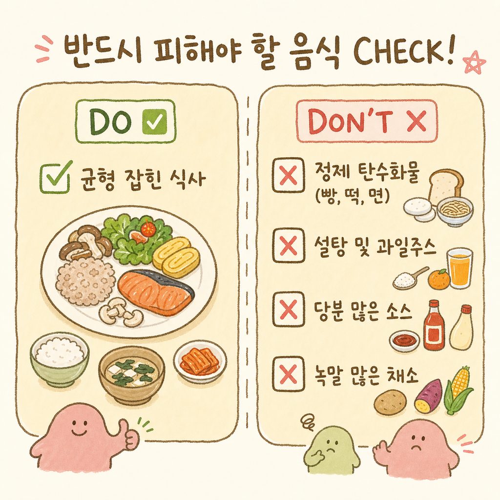 주의해야 할 음식 체크리스트. ✗정제 탄수화물(빵, 떡, 면), ✗설탕 및 과일주스, ✗당분 많은 소스, ✗녹말 많은 채소 4가지 항목에 붉은색 엑스 표시.