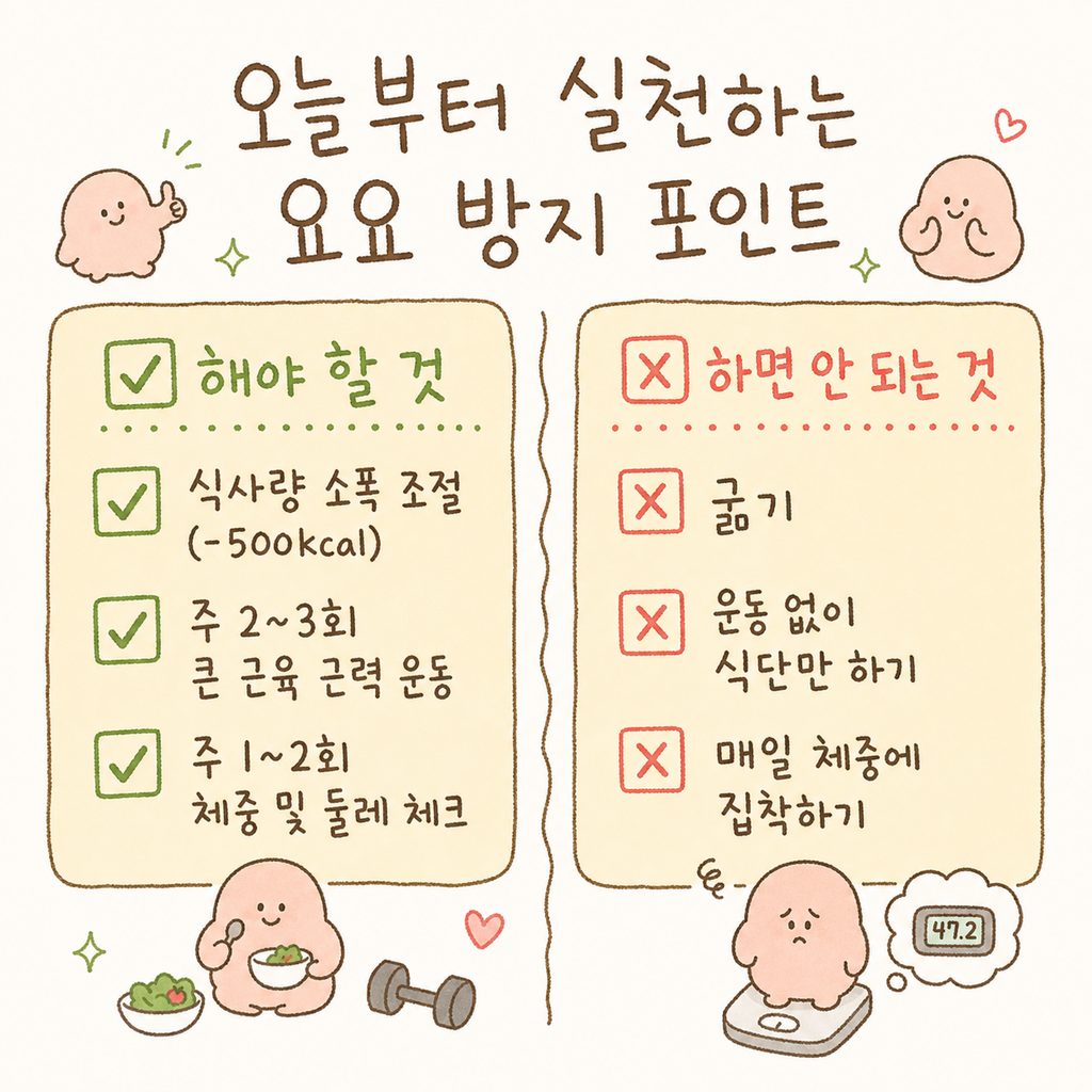 요요 방지를 위한 핵심 체크리스트. ✅ 식사량 소폭 조절(-500k (-500kcal), ✅ 주 2~3회 큰 근육 중심 근력 운동, ✅ 주 1~2회 체중 및 둘레 체 크