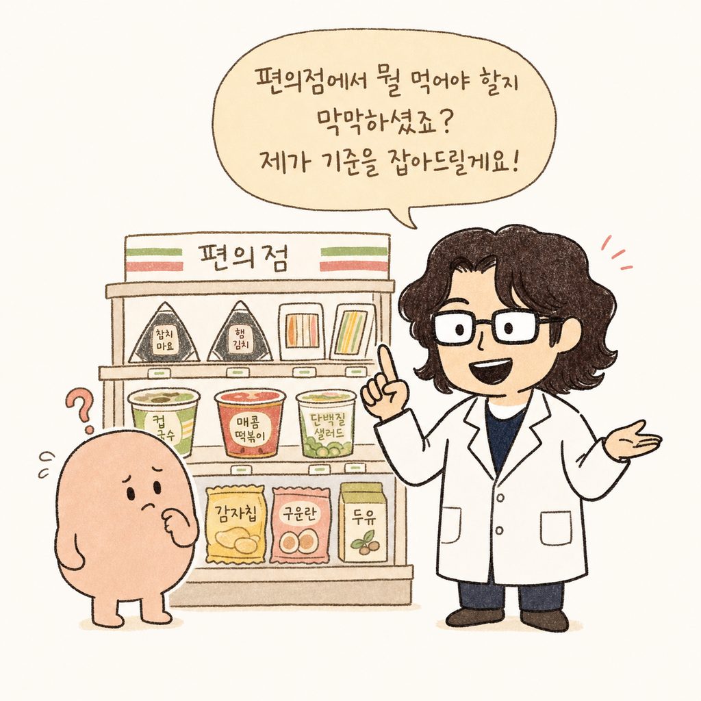인자한 표정의 의사 캐릭터가 편의점 매대 앞에서 고민하는 환자에게 친절하게 조언해주는 모습