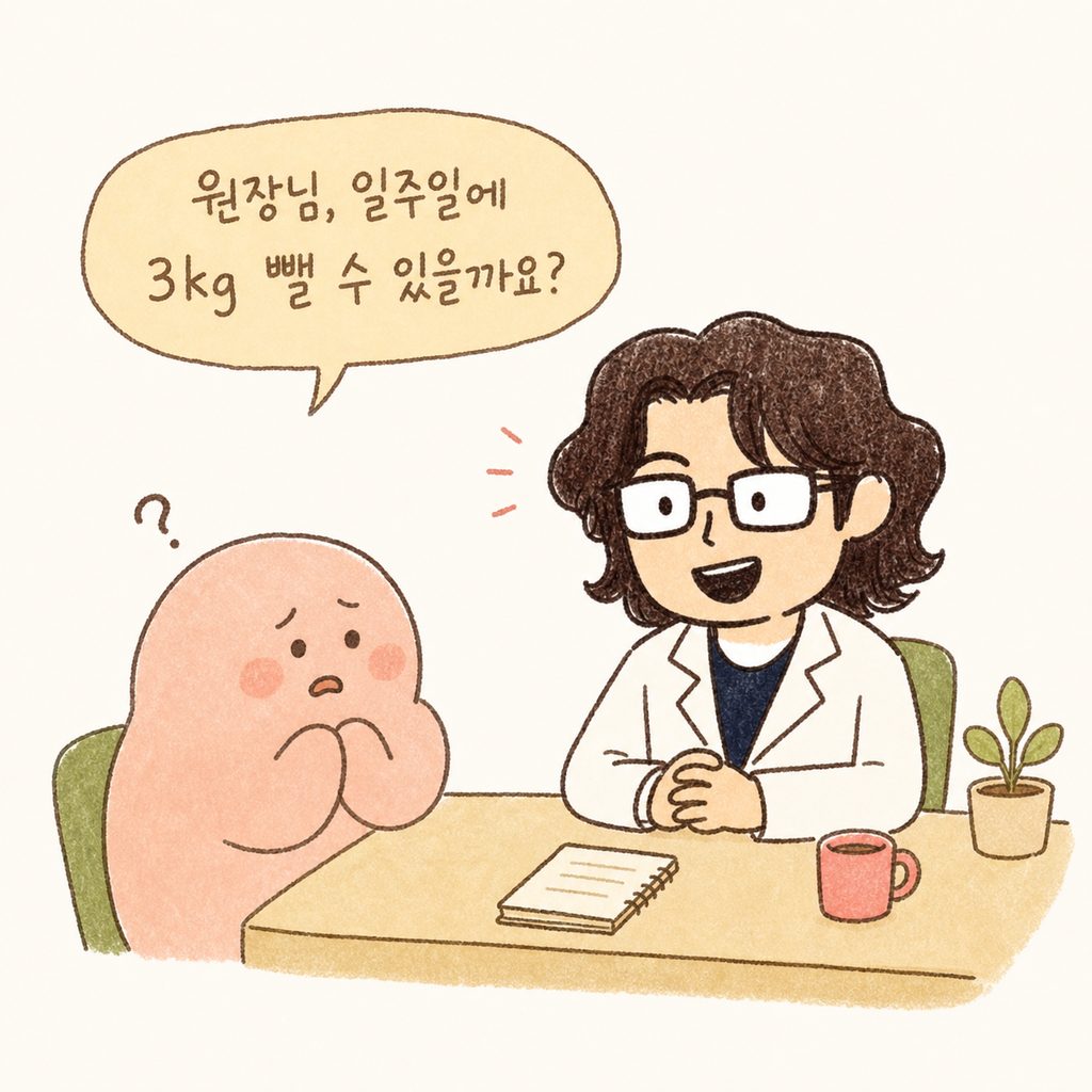 진료실 배경. 인자한 모습의 한의사 캐릭터가 책상 앞에 앉아 고민이 가득한 표정으로 질문하는 환자를 따뜻하게 바라보며 상담을 시작하는 모습