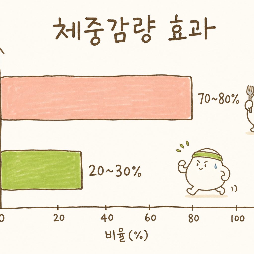 원형 차트 또는 비율 막대로 체중감량에 미치는 영향도를 시각화 — 식단이 차지하는 비중 7080% 강조, 운동 2030% 비교