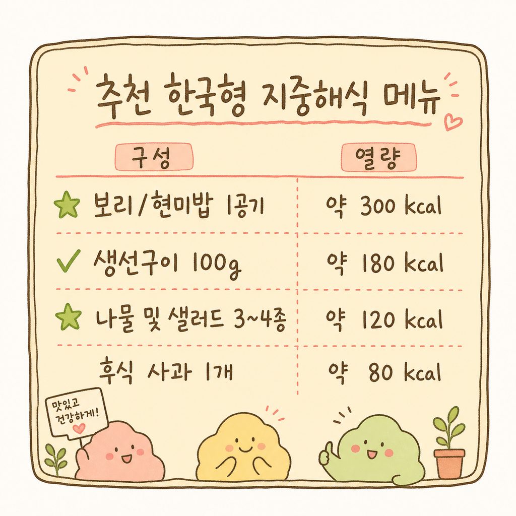 한국형 지중해식 한 끼 구성을 메뉴판 형식으로 나열 (잡곡밥, 생선구이, 나물반찬, 사과)