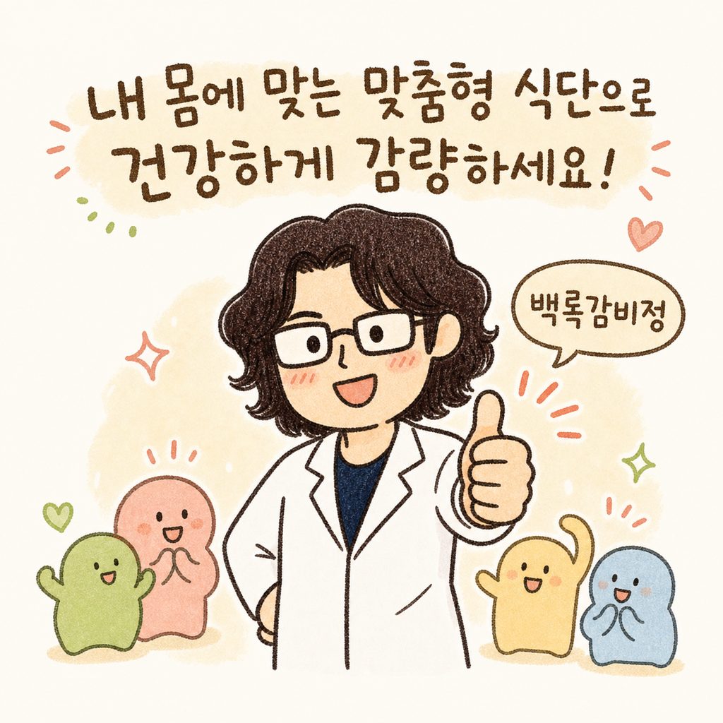 한의사 캐릭터가 따뜻하게 웃으며 엄지손가락을 치켜세우거나 응원하는 모습. 옆에는 '백록감비정' 프로그램 안내 문구가 작은 말풍선으로 적혀 있음.