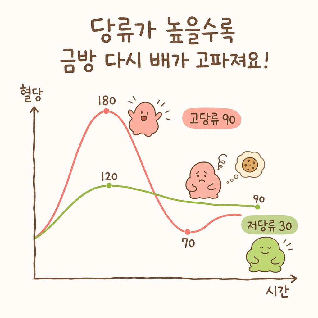 간식 선택 시 '당류'가 높을 때 혈당이 급격히 올랐다 떨어지는 곡선을 보여주는 단순한 그래프