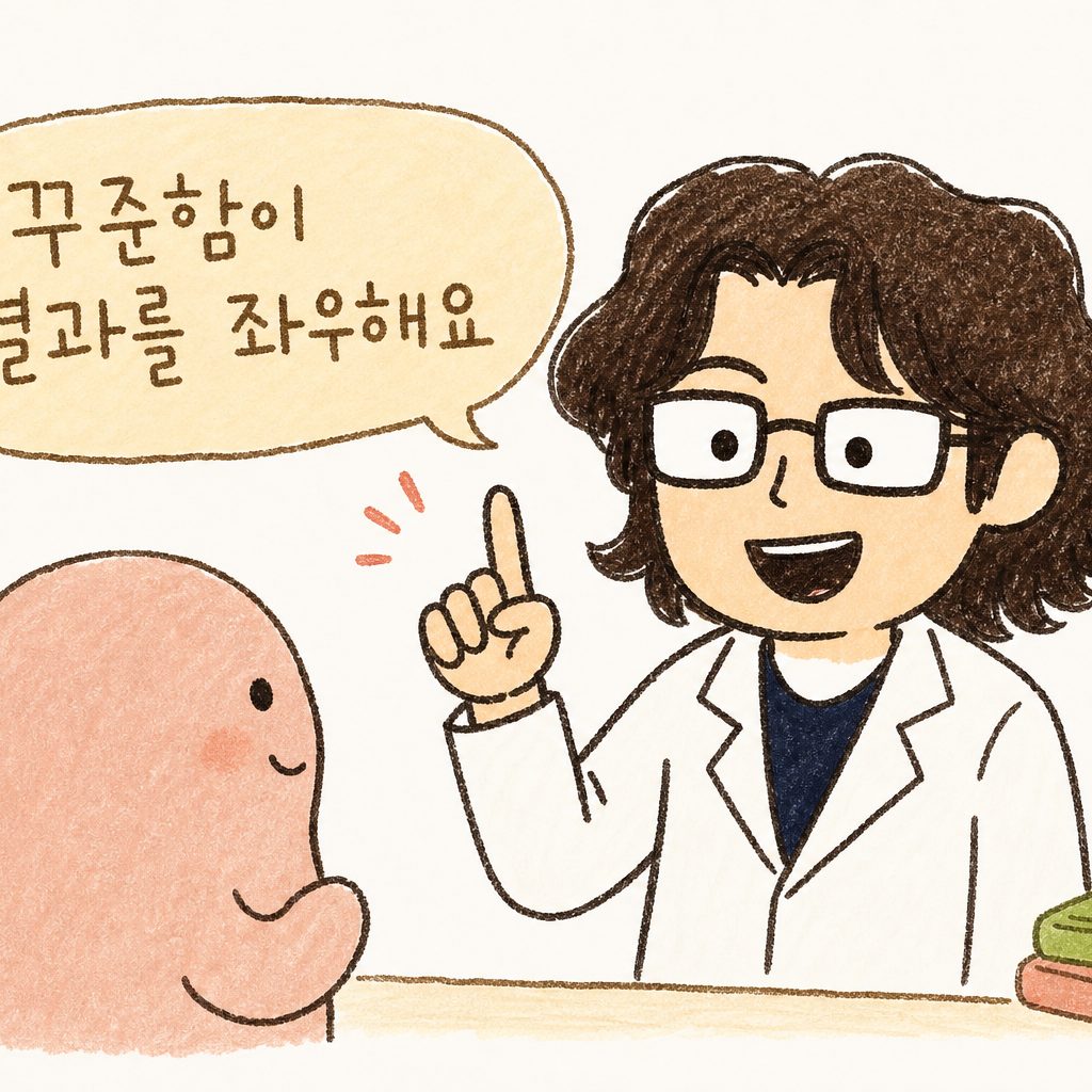 A Korean medicine doctor character explaining kindly to a patient. Gesture emphasizing 'consistency.' Trustworthy and warm expression. Positive conversation in a clinic setting.