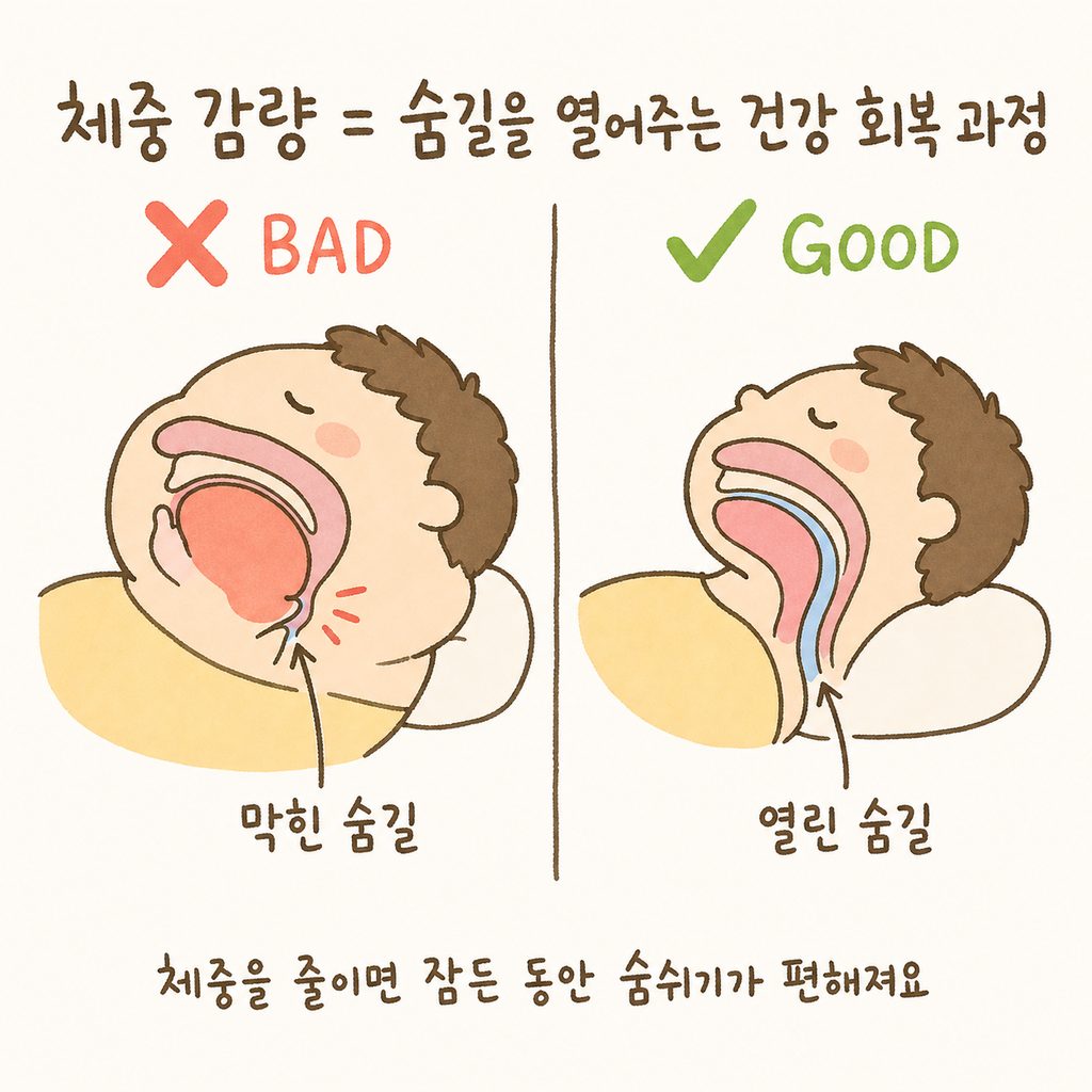 수면 중 기도 상태의 Before/After 비교. 비만으로 인해 설근부가 폐색된 모습(❌)과 체중 감량 후 기도가 확보된 모습(✅)을 도식화.