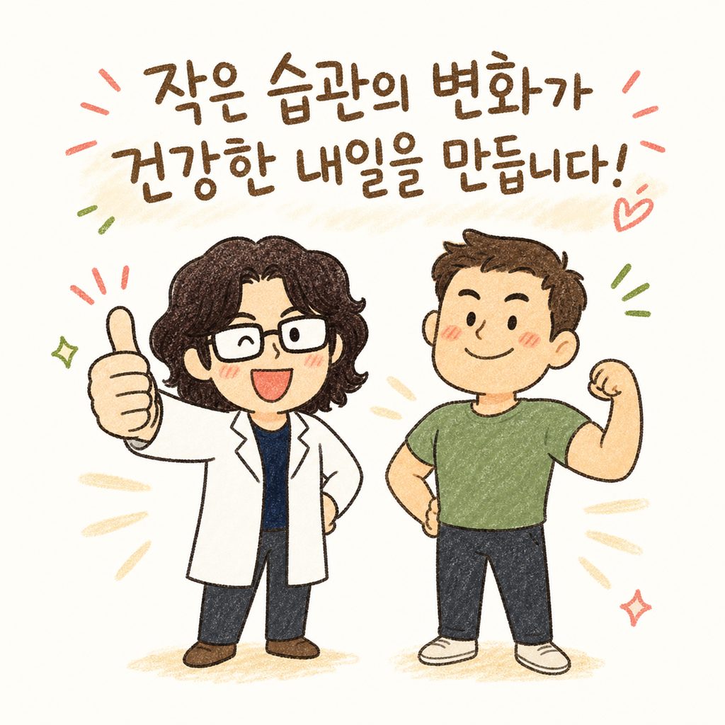 의사 캐릭터가 엄지손가락을 치켜세우며 응원하는 모습. 옆에는 건강하게 변한 남성 캐릭터가 자신감 있게 웃고 있는 마무리 컷